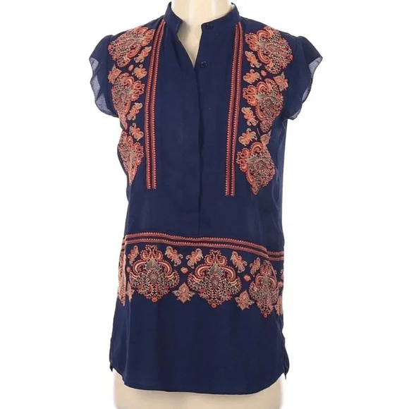 THML Solid Blue Embroidered Detail Blouse Boho XS - Picture 1 of 5